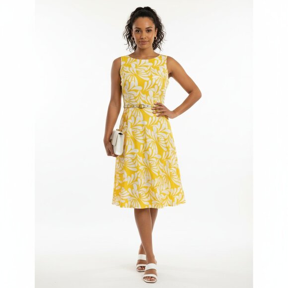 Banana Republic Yellow Floral Dress Belted Fit & Flare Size 14 - Picture 1 of 10